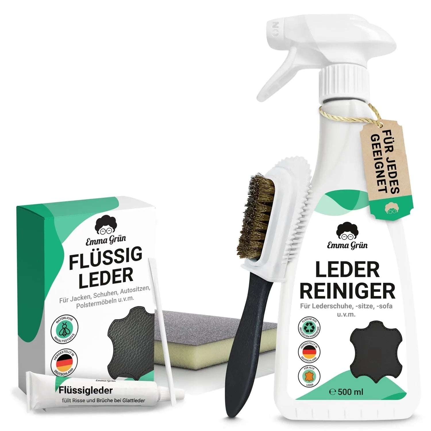 Leder Reparatur Set mit Reiniger, Flüssigleder & Schleifmatte (Schwarz) Emma Grün Neutral