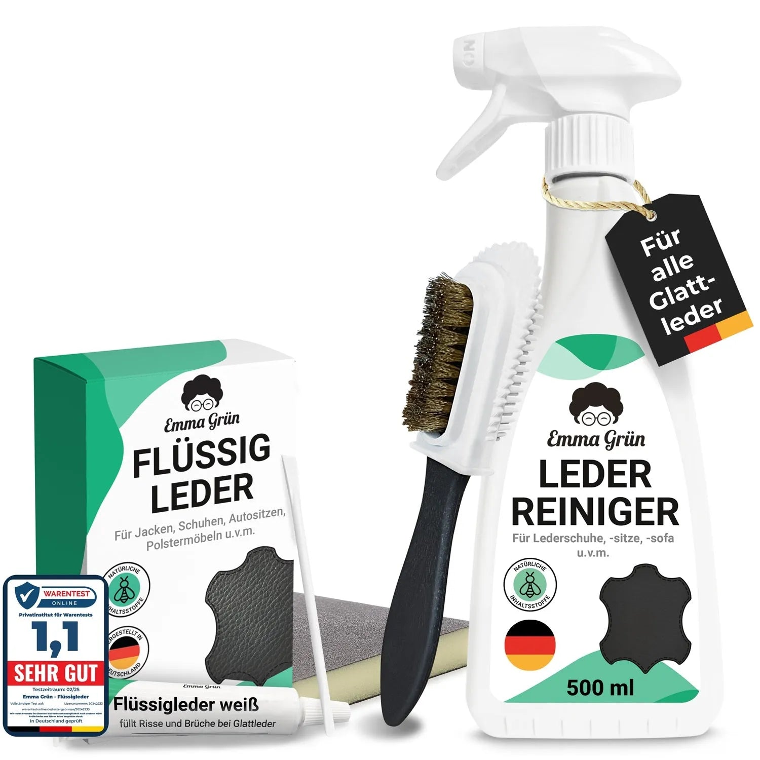 Leder Reparatur Set mit Reiniger, Flüssigleder & Schleifmatte (Schwarz) Emma Grün Weiß