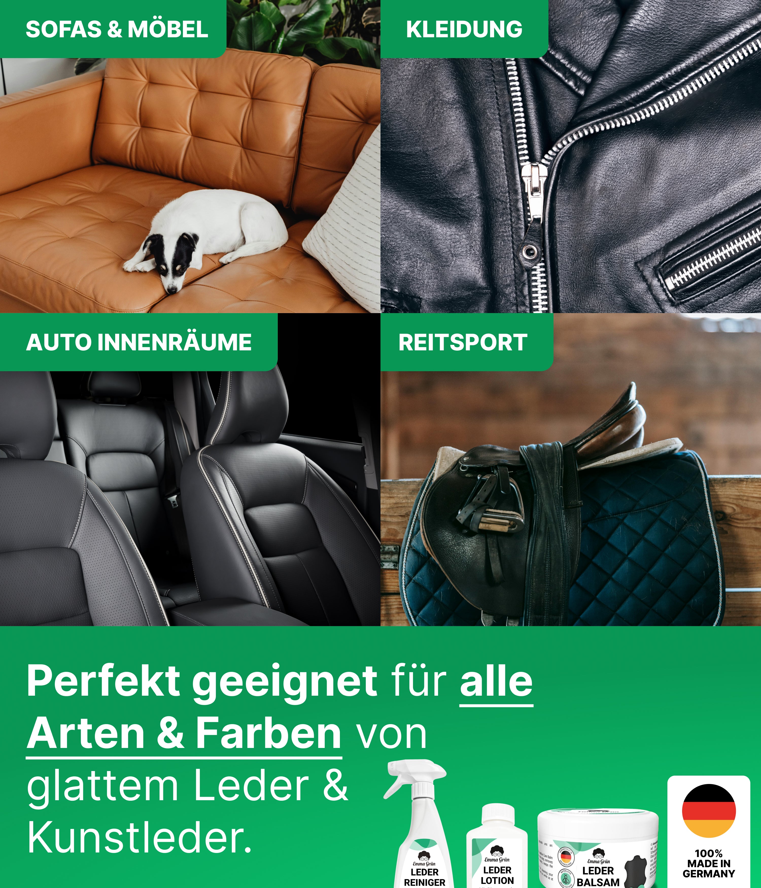 Lederpflege Komplettset mit Reiniger, Lotion & Balsam Emma Grün