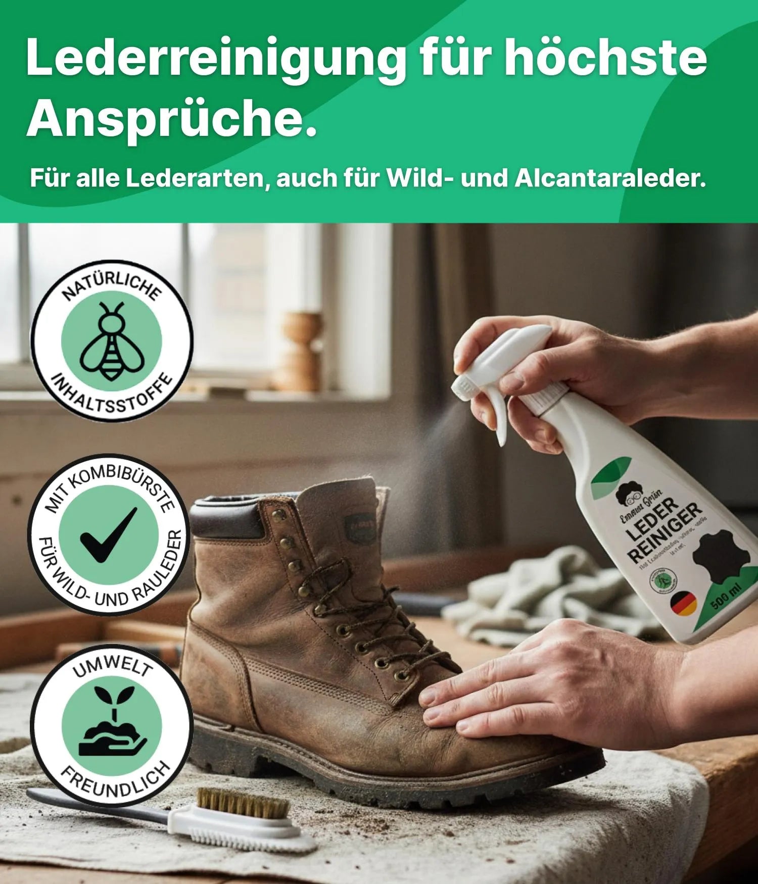 Lederreiniger mit Wildlederbürste Emma Grün
