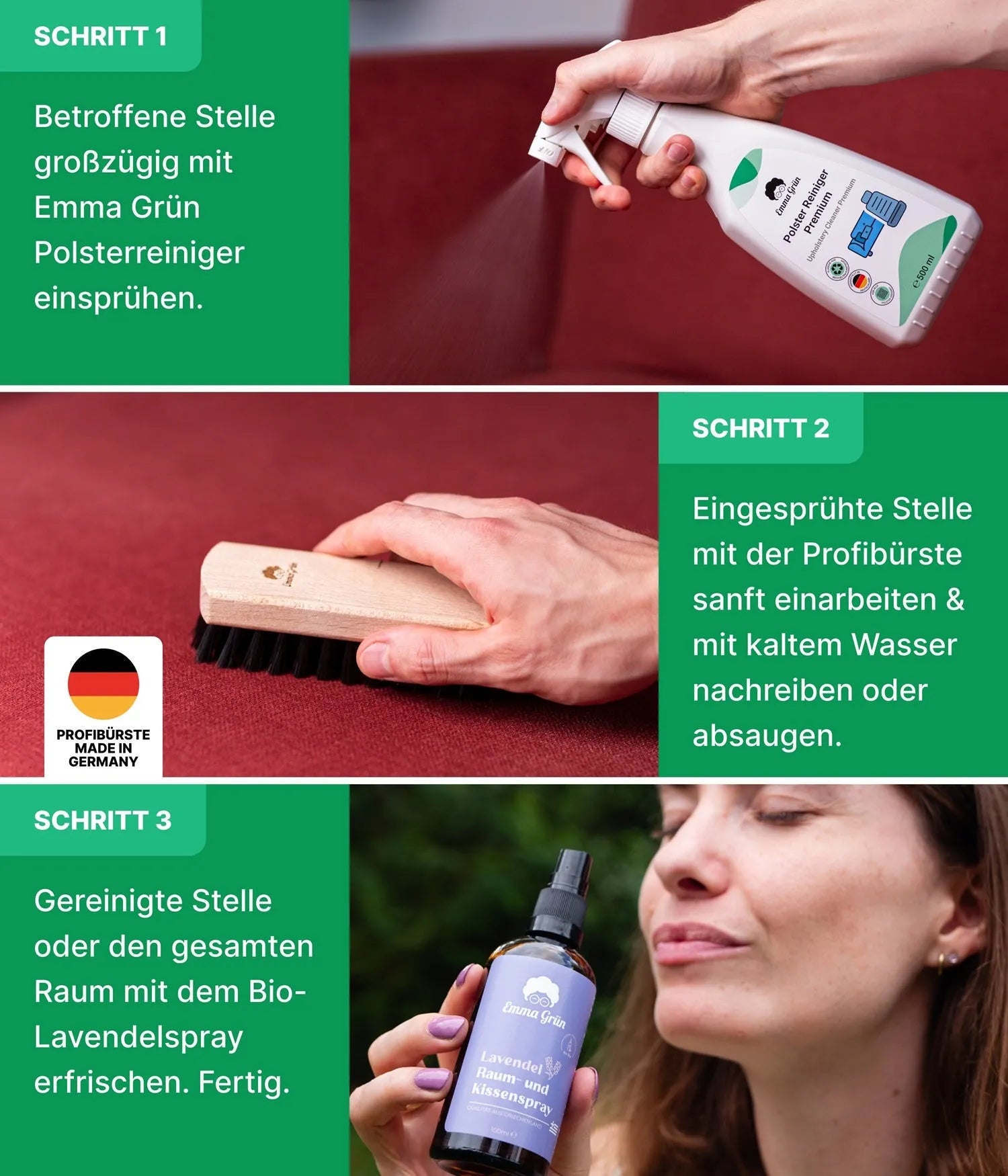 Polster reinigen Sparset mit Reiniger & Lavendelspray Emma Grün