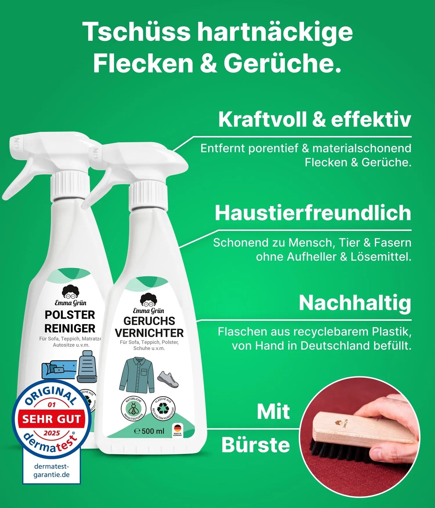 Polstermöbel reinigen Set mit Reiniger, Geruchsvernichter & Imprägnierer Emma Grün