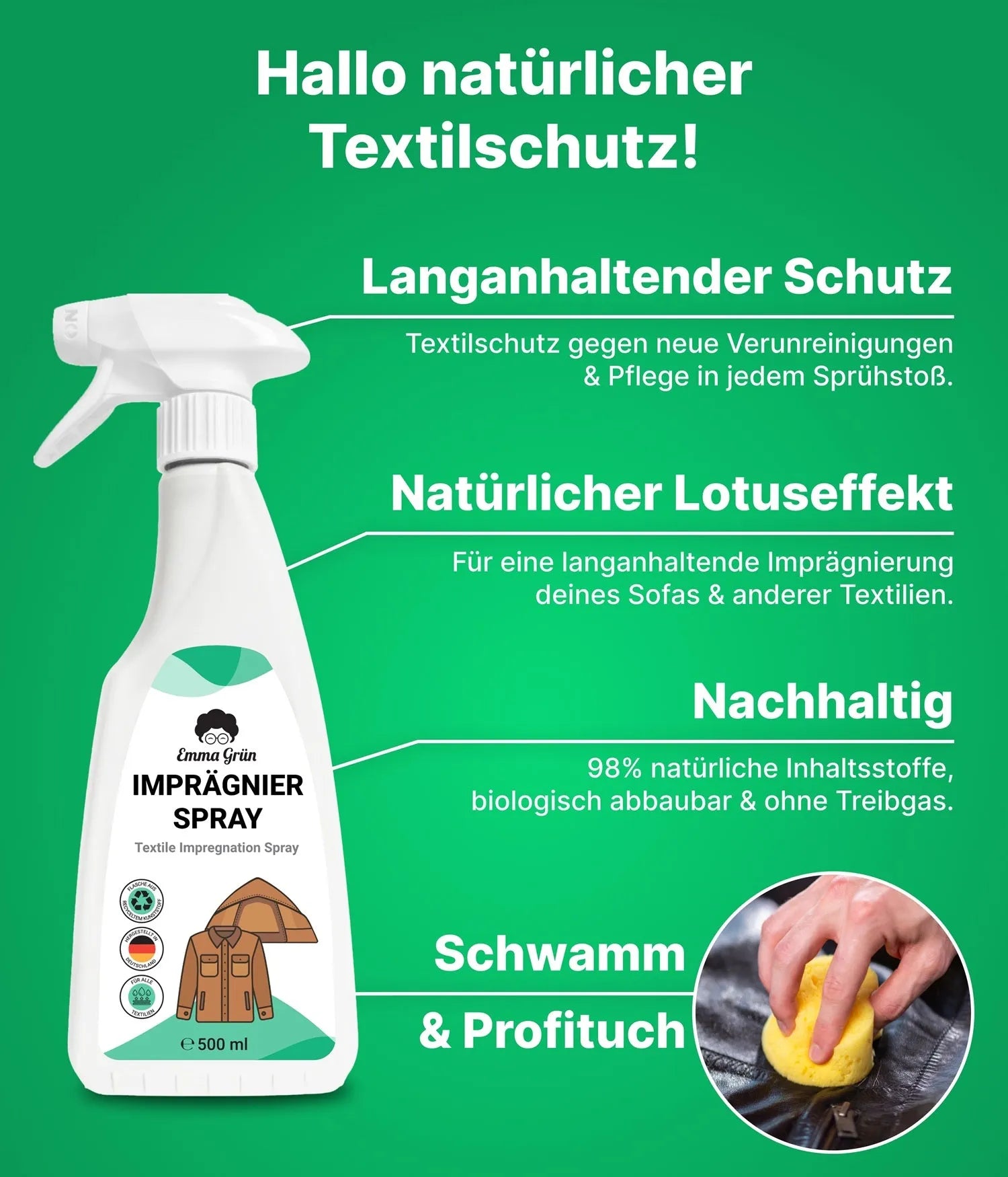 Polstermöbel reinigen Set mit Reiniger, Geruchsvernichter & Imprägnierer Emma Grün
