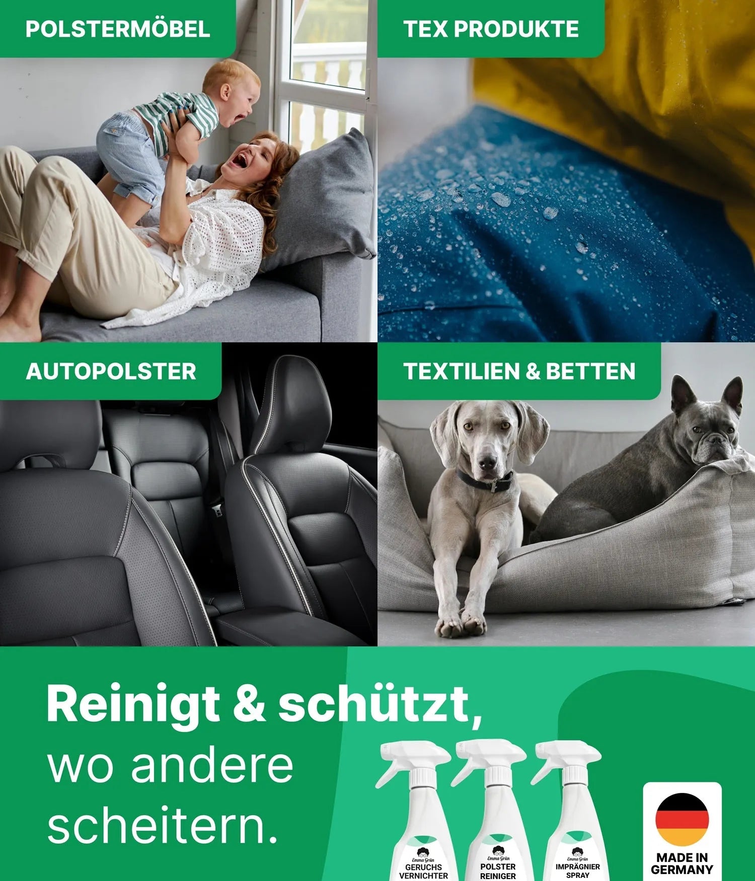 Polstermöbel reinigen Set mit Reiniger, Geruchsvernichter & Imprägnierer Emma Grün