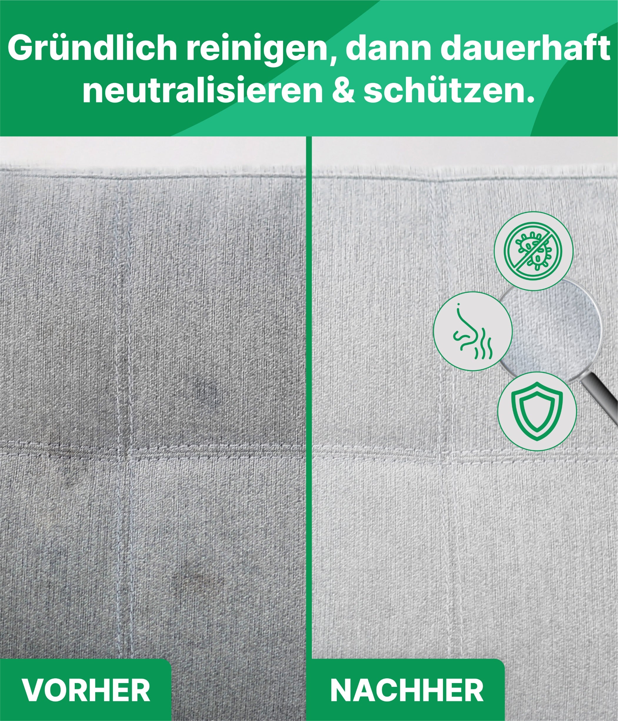 Polstermöbel reinigen Set mit Reiniger, Geruchsvernichter & Imprägnierer Emma Grün