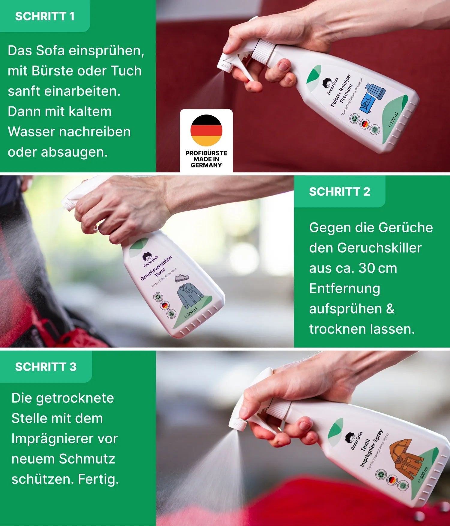 Polstermöbel reinigen Set mit Reiniger, Geruchsvernichter & Imprägnierer Emma Grün