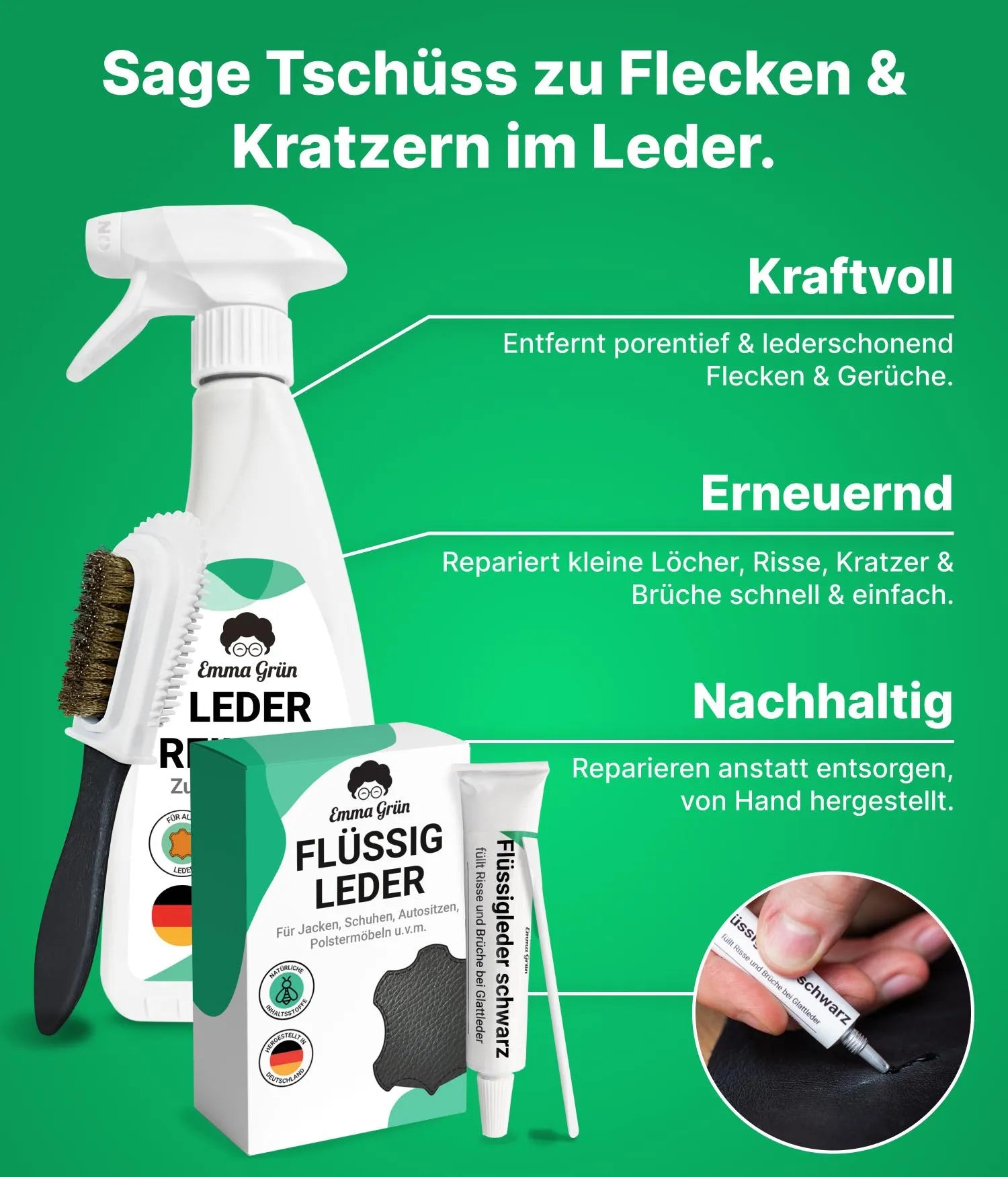 Leder Reparatur Set mit Reiniger, Flüssigleder & Schleifmatte Emma Grün