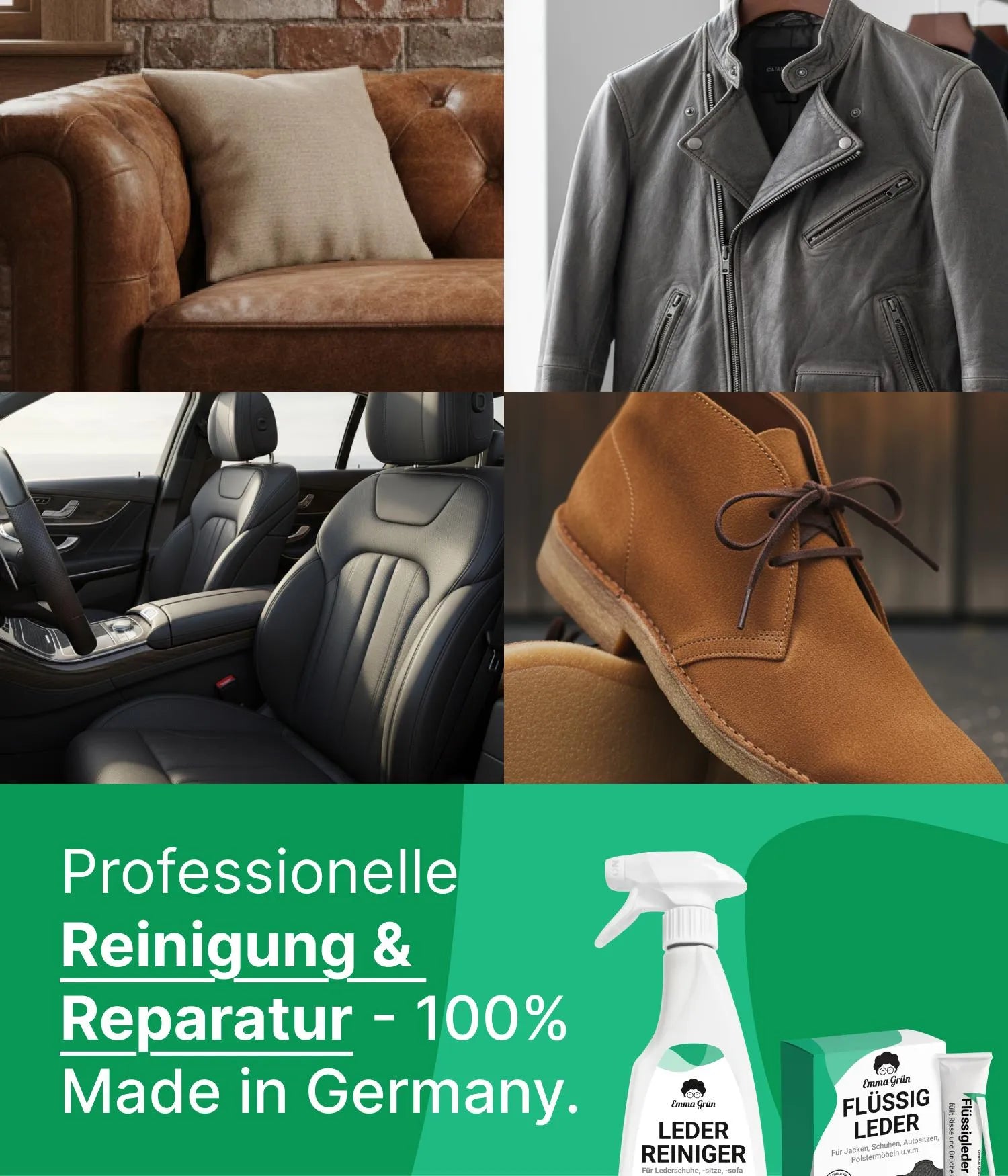 Leder Reparatur Set mit Reiniger, Flüssigleder & Schleifmatte Emma Grün