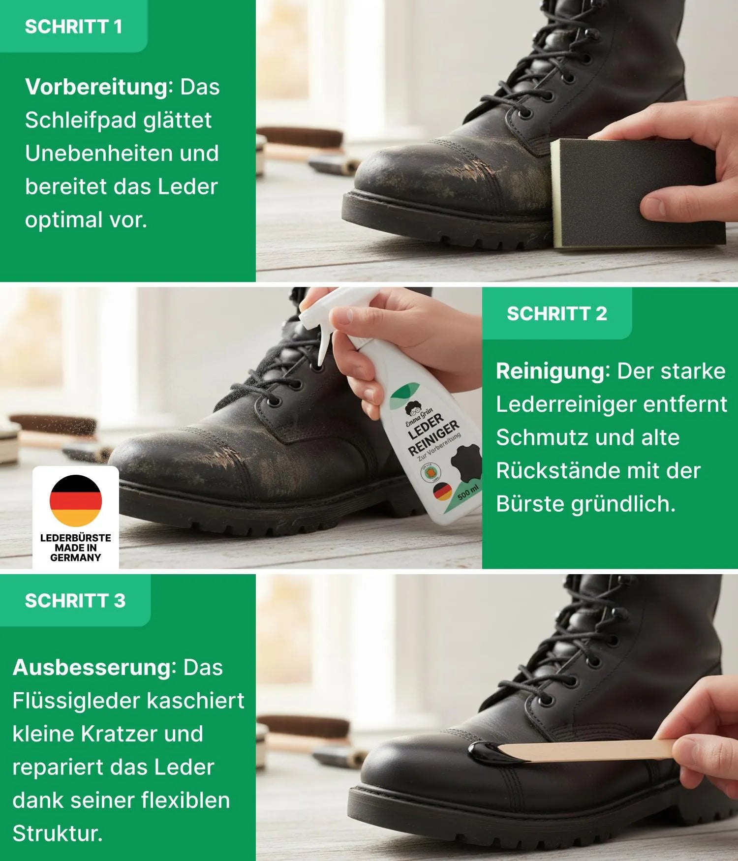 Leder Reparatur Set mit Reiniger, Flüssigleder & Schleifmatte Emma Grün