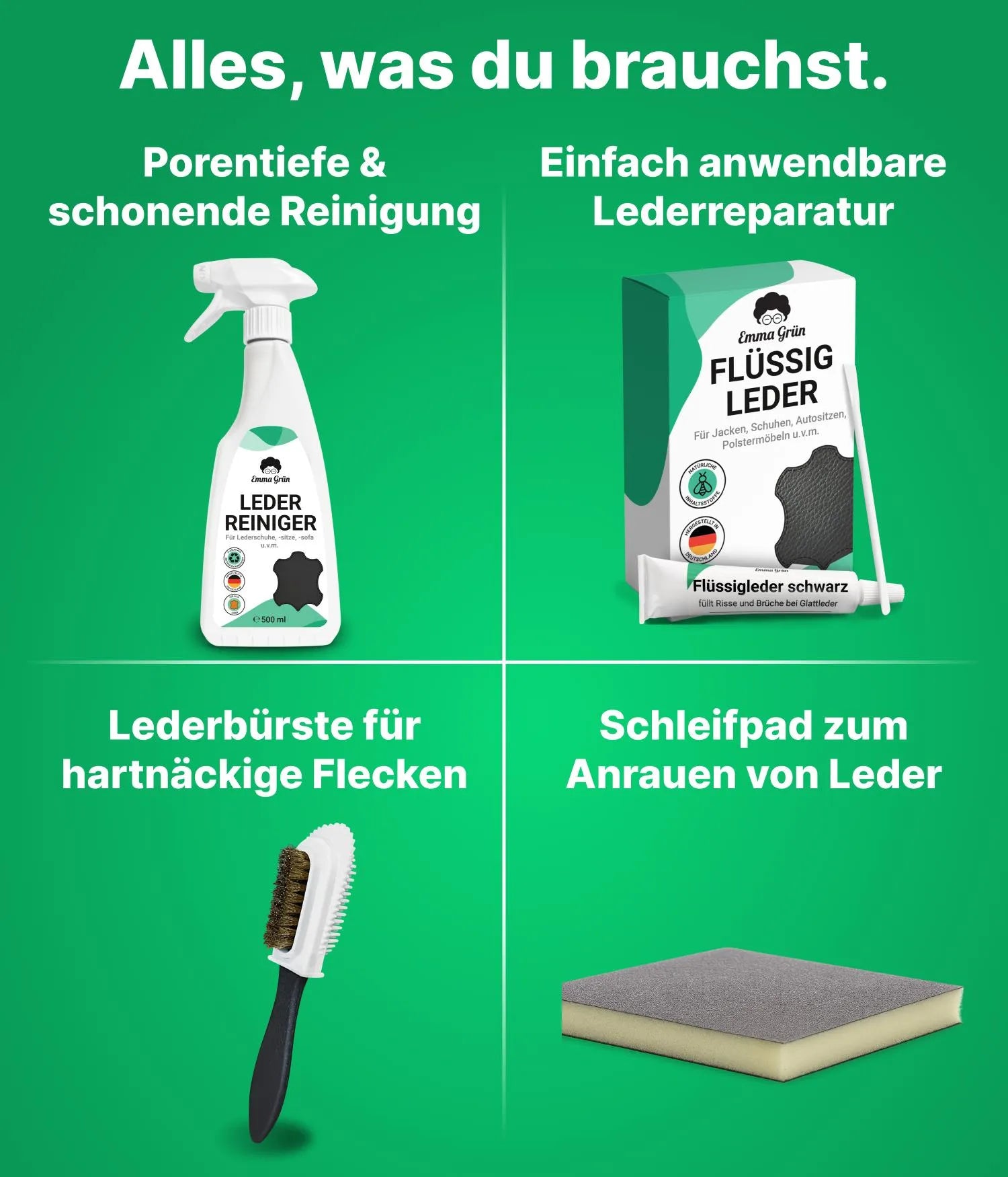 Leder Reparatur Set mit Reiniger, Flüssigleder & Schleifmatte Emma Grün