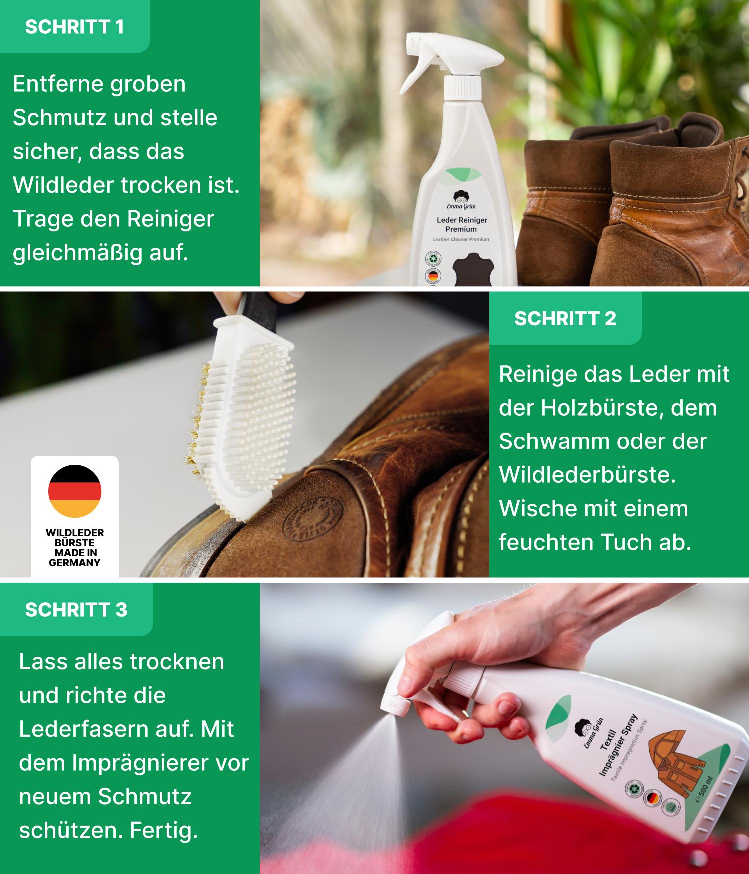 Wildleder reinigen Set mit Reiniger & Imprägnierer Emma Grün