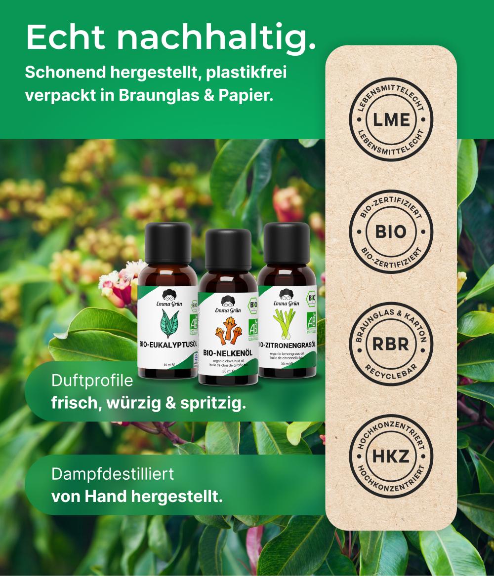 Um die Welt Set mit Eukalyptus-, Zitronengras- & Nelkenöl Emma Grün